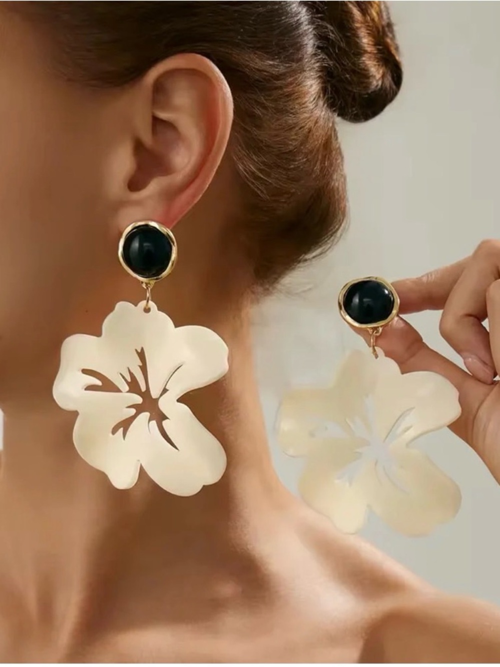 Gold Black & Cream Floral Drop Earrings - Statement Earrings